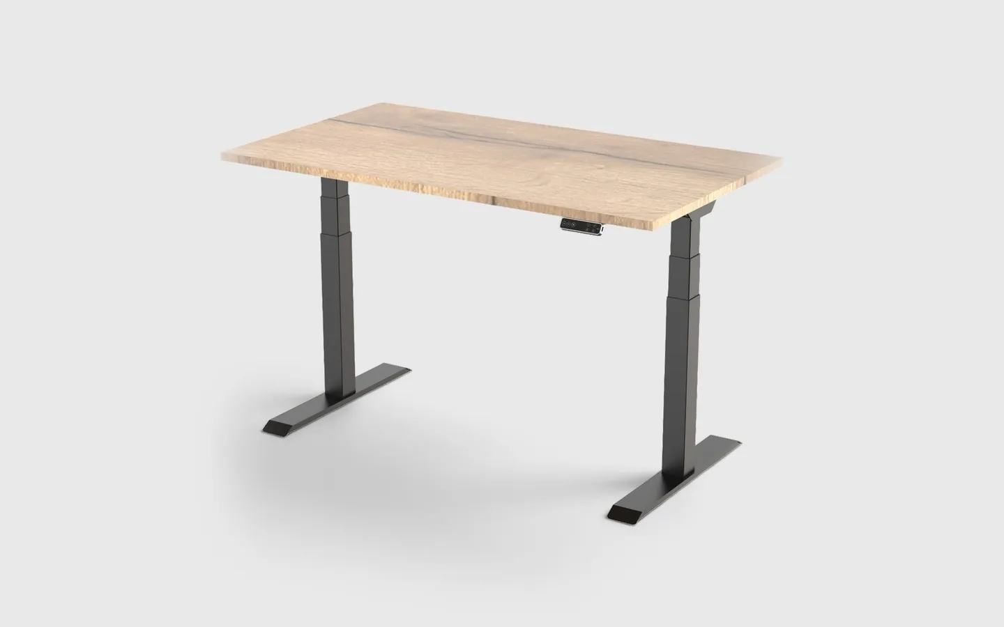 Elektrisch zit-sta bureau met eikenhouten blad en zwart onderstel